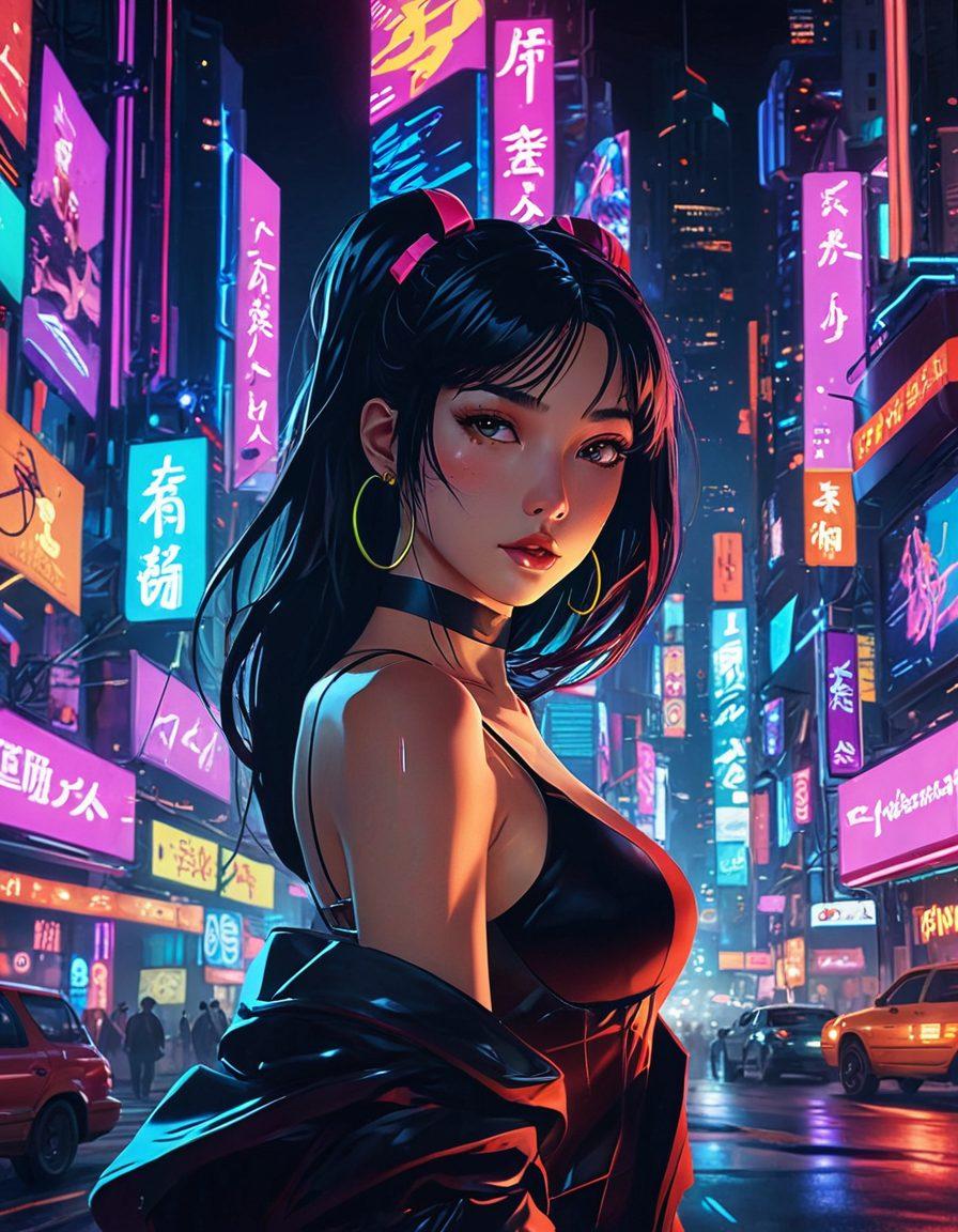 A captivating scene featuring a montage of colorful, stylized characters from various adult animated films, set against a dreamy, surreal background infused with soft neon lights. Incorporate elements of fantasy and sensuality, with a focus on expressive facial features and dynamic poses. Blend traditional Japanese art influences with modern animation styles, creating a harmonious mix of eroticism and artistic flair. Use vibrant colors to evoke emotion and intrigue. super-realistic. vibrant colors. cyberpunk.